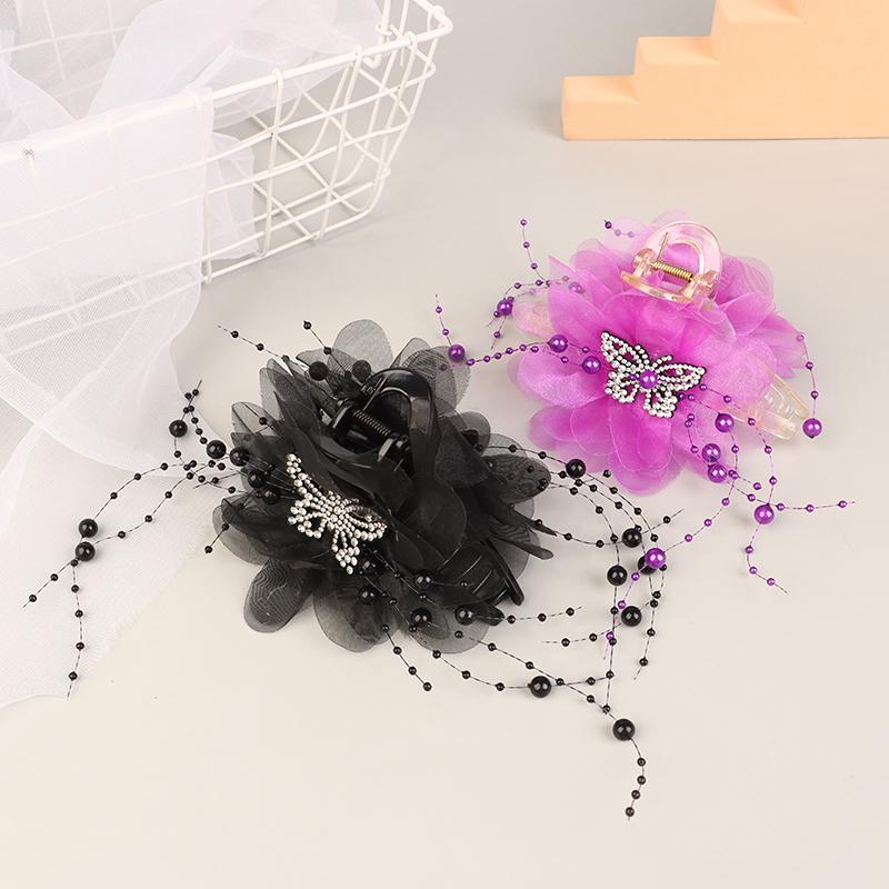 Haarspange mit Schmetterlings- und Blumenmuster, Haifisch-Haarspange für Damen, Haarschmuck mit Quasten und elegantem Blumenmuster.