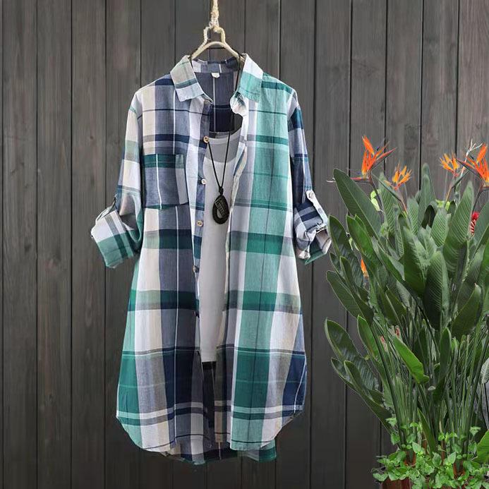 Damen Hemd mit Knöpfen Elegant Chic Damen Oberteil Kariert Vintage Leinen Langarm Chinesische Hemden Blusen Kleidung