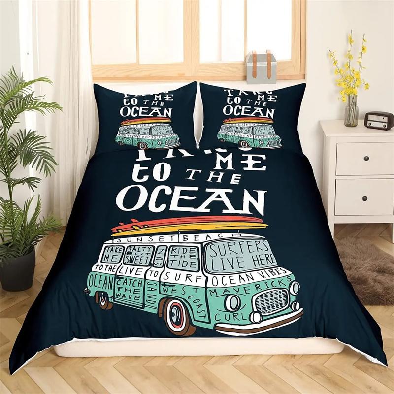 Surf Duvet Cover Hippie Classic Old Bus Surfboard Freedom Holiday Exotic Life Sketchy Art Yellow Orange Room Decor for Women Men