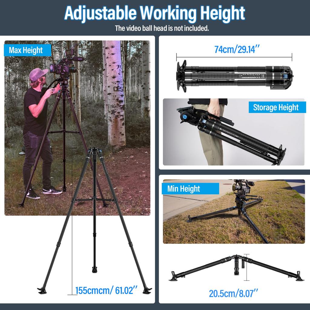 SIRUI SVS75 Professional Video Carbon Fiber Height Up To Lbs Professional Tripod for Video Cameras Tripod, 61" Tripod, One-Step Adjustment, Mid-Level