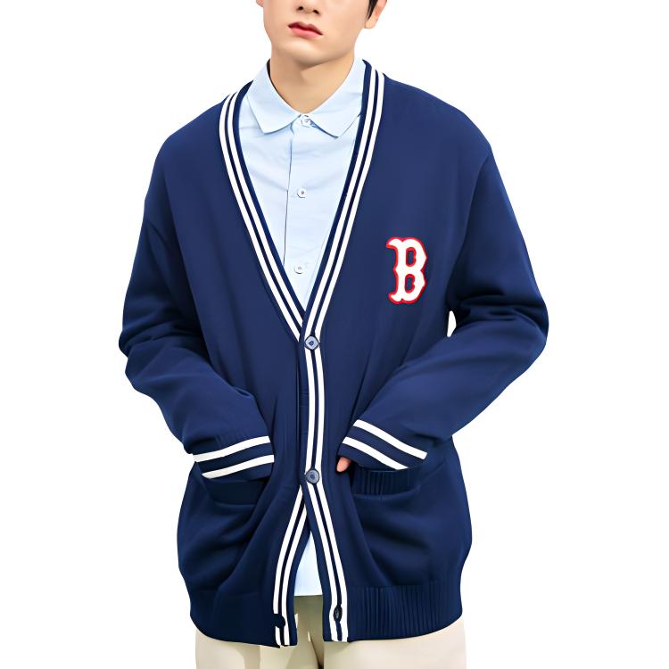 MLB Boston Red Sox Buchstaben Jacquard Gestreifter V-Ausschnitt Einreiher Strickpullover Unisex Pullover Marineblau 3AKCV0131-43NYS