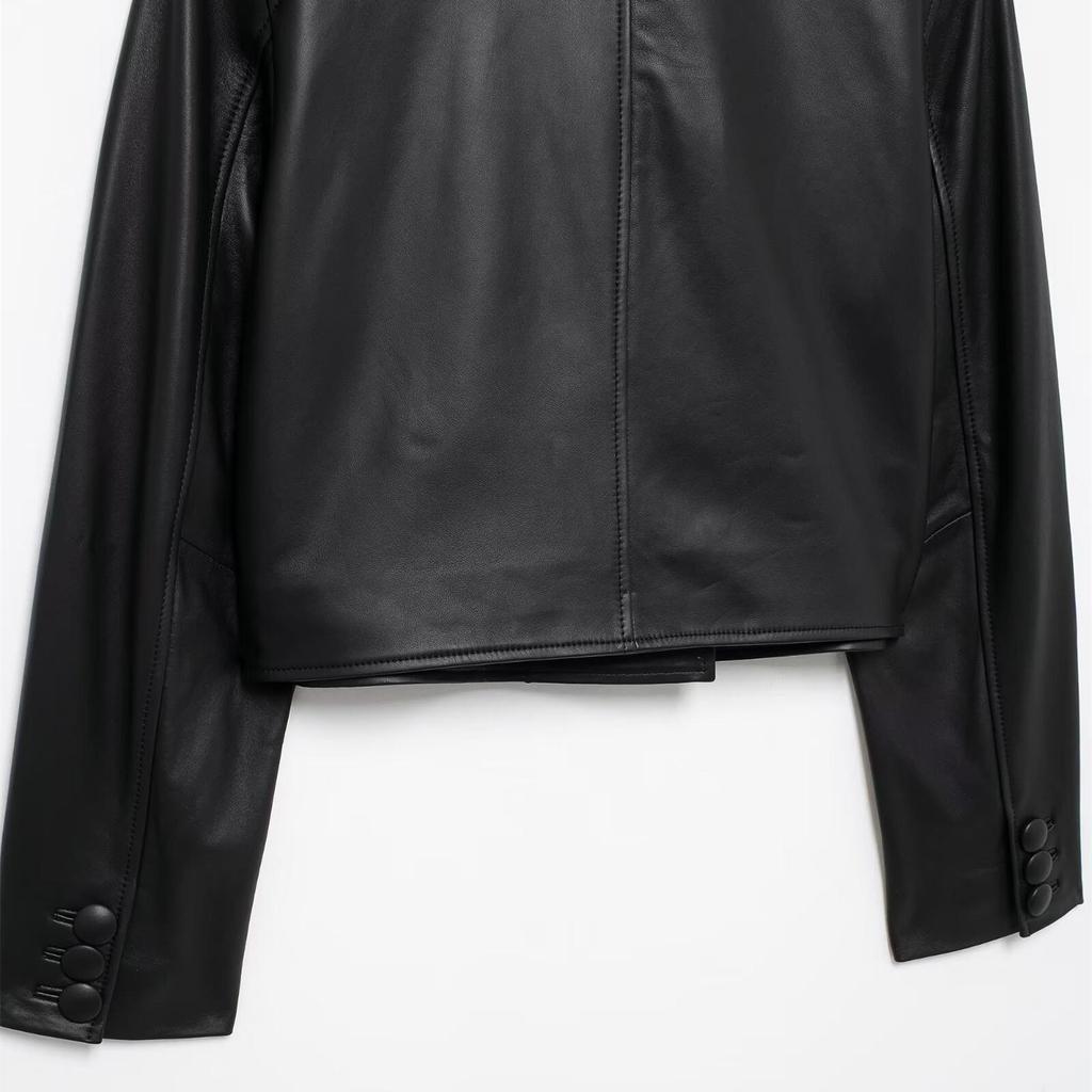 2025 Spring Women's Simple Round Neck Short Leather Jacket with Button Embellishments
