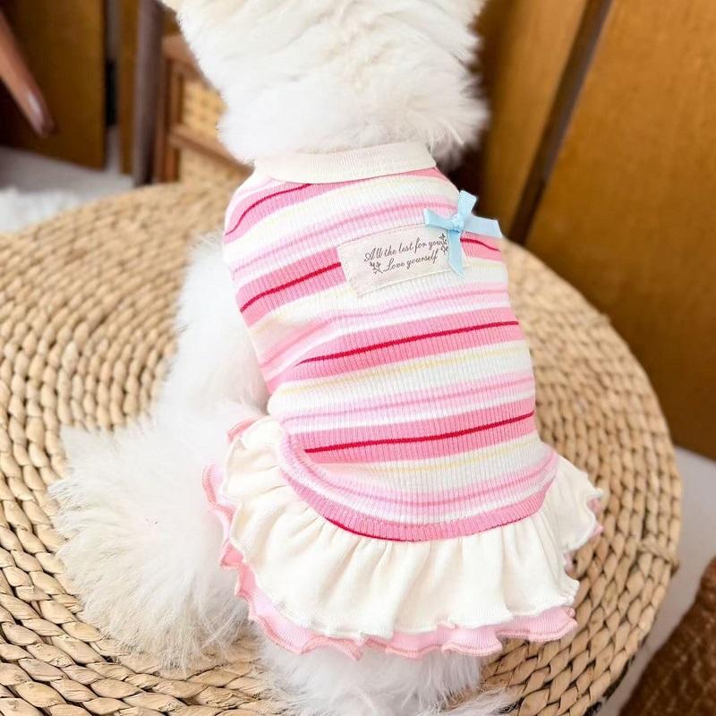 Dog Dress Girls 2 Set Dog Summer Clothes Cooling Skirts Puppy Dresses Striped Strawberry Print Cat Dog Clothing Chihuahua Outfit