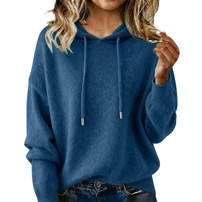 Women S Loose Fit Hooded Knit Pullover Sweater Long Sleeve Solid Color