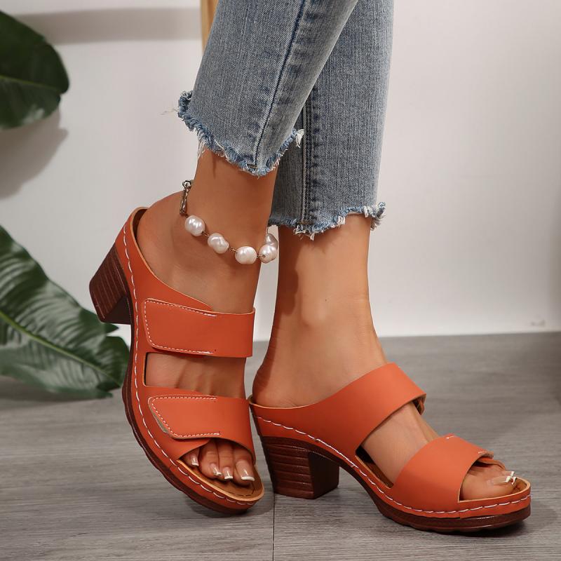 Mode Bequeme High Heels Pantoletten Damen 2025 Sommer Orange Klettverschluss Patch Dekoration Schuhe Damen Weiche Gummi Laufschuhe Frau