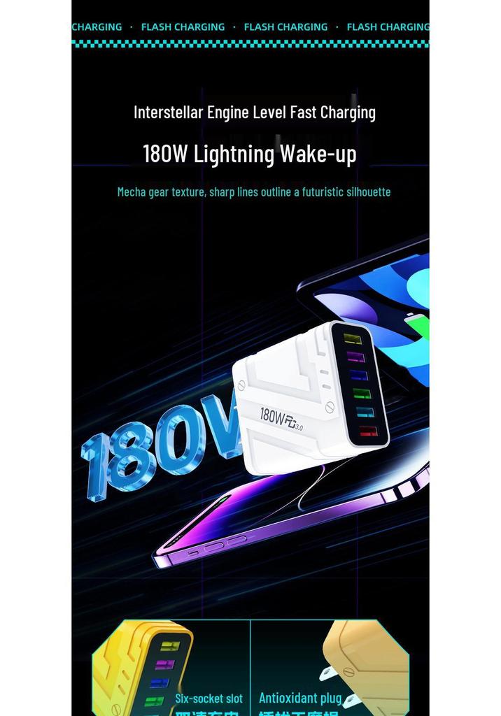 180W GaN Fast Charger with PD3.0, QC3.0, Super Flash Charge, 6-Port USB, Auto Disconnect