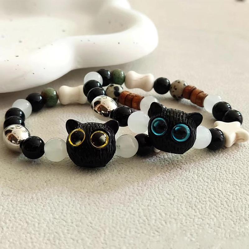 Retro Black Big-Eyed Cat Beaded Bracelet - Simple, Unique, and Versatile Style for Best Friends