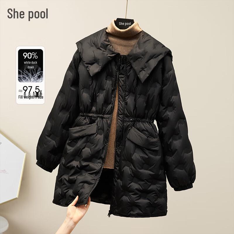 

Женский пуховик средней длины темно-синего цвета с воротником XL