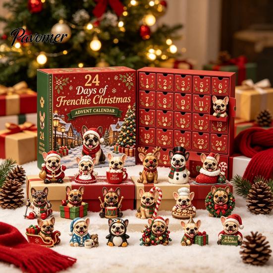 Pet Themed Holiday Gifts French Bulldog Advent Calendar, 24-Day Christmas Countdown Acrylic Ornament, Collectible Decorative Frenchie Charms Figurine