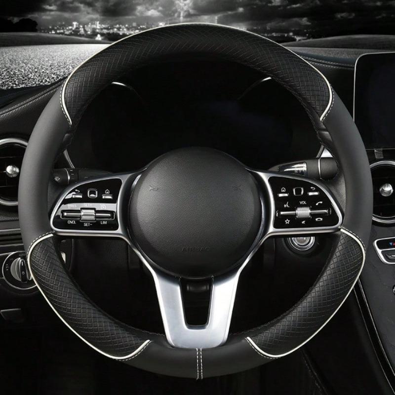 1pc 38cm Universal Car Steering Wheel Cover, Automotive Leather Diamond Quilted Color Block Design Interior Decor