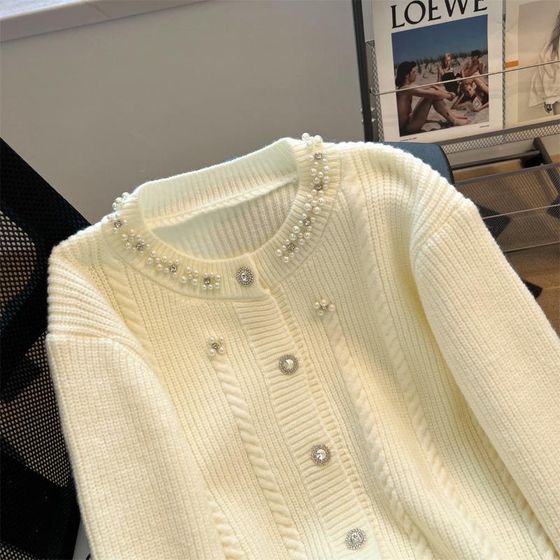 

Premium heavy industry beads exquisite knitted cardigan gentle sweet beautiful women sweater autumn and winter new average size бежевый
