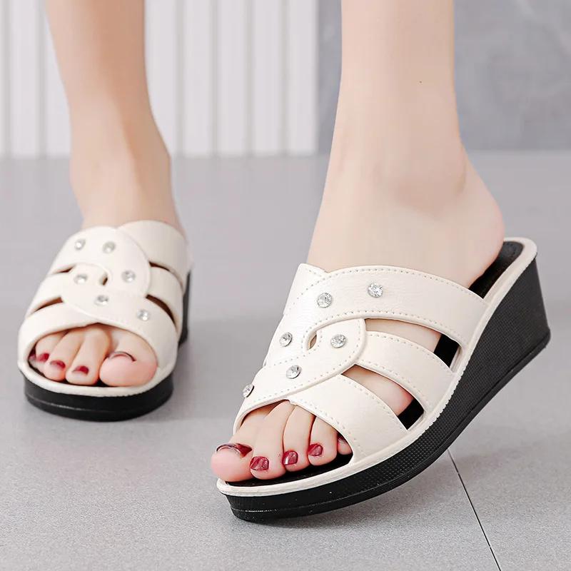 Shoes for Women Summer 2025 Fashion Women's High Heel Slippers Thick Bottom Non-slip Mother Shoes Soft Bottom Wedge Women Sandal