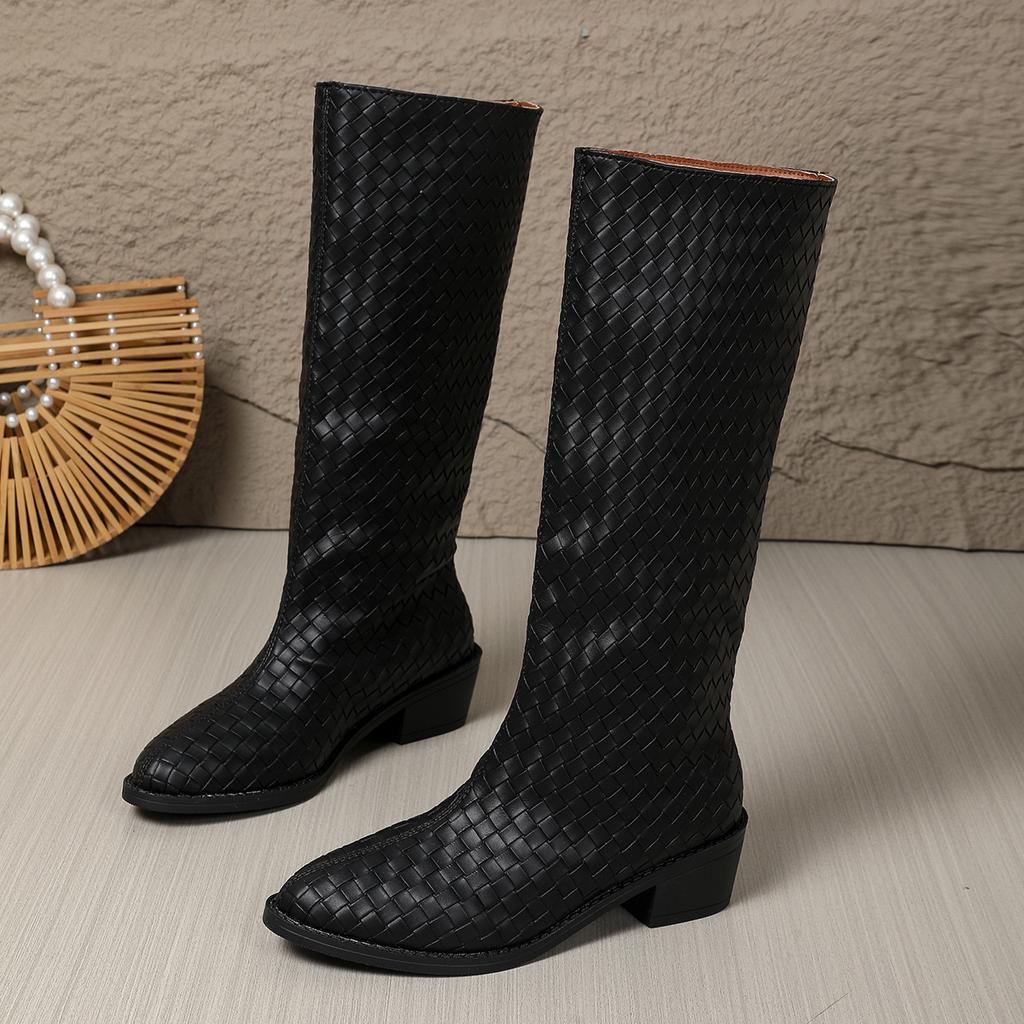 Fashion Woven Low Heel But Knee Boots Women's New European and American Pointed Sleeve Thick Heel Fashion Boots Women's Boots