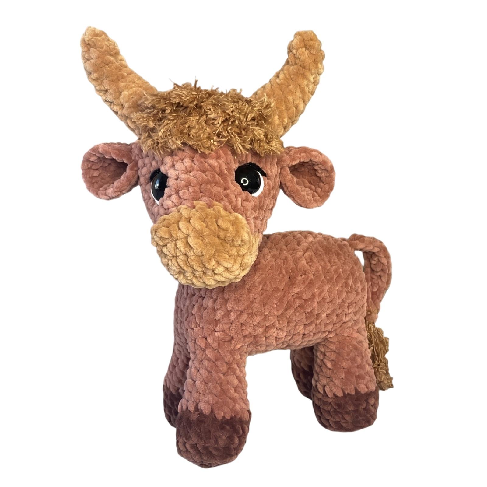Handmade Crochet Plush Bull Toy Soft Stuffed Animal Amigurumi Figure with Detailed Horns and Floral Decorations for Collectors and Gift One Size