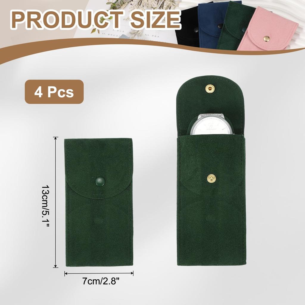 Uxcell 4-Piece Set Velvet Watch Pouch 5.1 X 2.8 Inch Portable Travel Case Jewelry Storage Bag Single Watch Storage Pouch Unisex Snap Button Closure