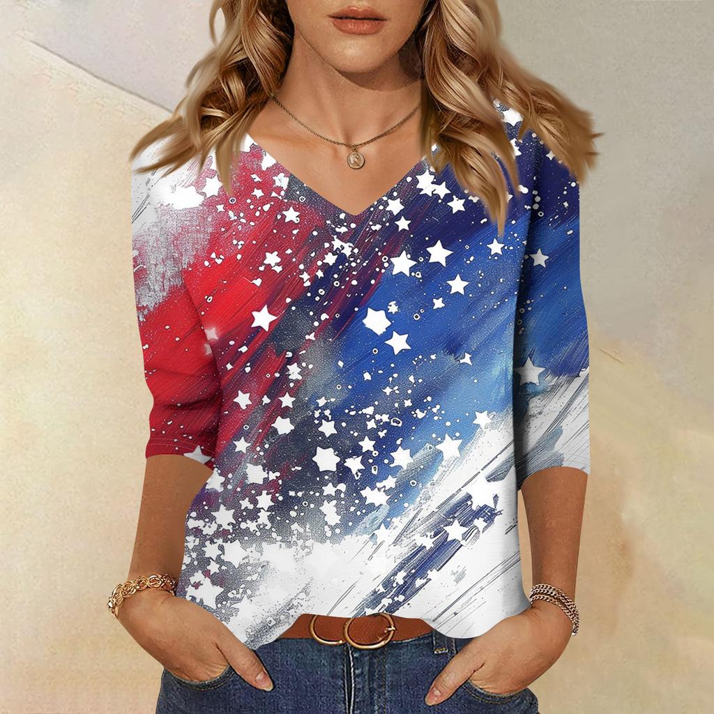 Trendy Vintage 3/4 Sleeve Top For Women,Ladies Casual Three Quarter Sleeve V-neck Printed T-Shirt Blouse