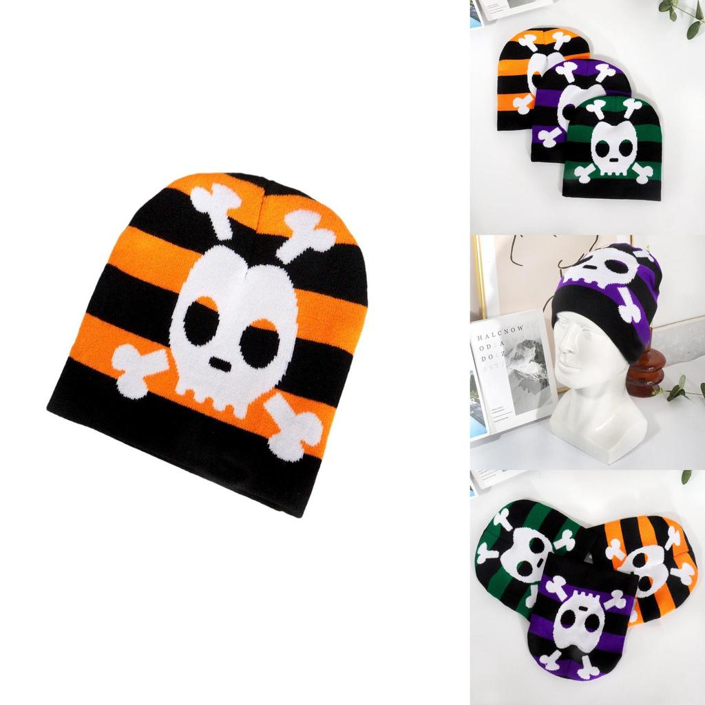 Fashion Color Blocked Striped Skull Pattern Neutral Casual Warm Knitted Hat For Streetwear And Hiphop Fans