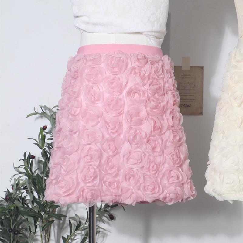 3D Rose Midi Tulle Skirt - Fluffy, Elastic High Waist, Slimming, Versatile A-line for Women