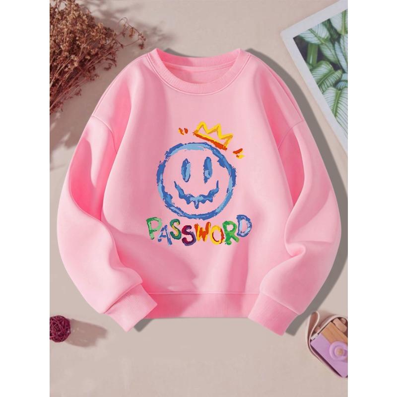European sizes Kids' Black joyful Face & Password Print Sweatshirt - Casual Winter Sweater with & joyful Eyes, Round Neck Pullover