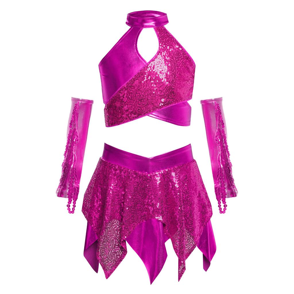 Dívčí kostým pro jazzový tanec s křížovým výstřihem, třpytivými flitry, metalickým zkráceným topem a asymetrickou sukní