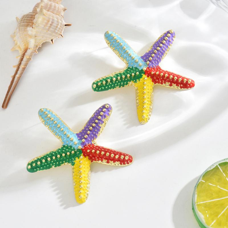 Boho Colorful Metal Oil Drop Big Starfish Pendant Rope Chains Necklace For Women Summer  Jewelry Set Gifts