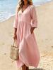 Damen V-Ausschnitt Midi Kleid Lässig Strandurlaub Einfarbig A-Linien Kleid mit Taschen
