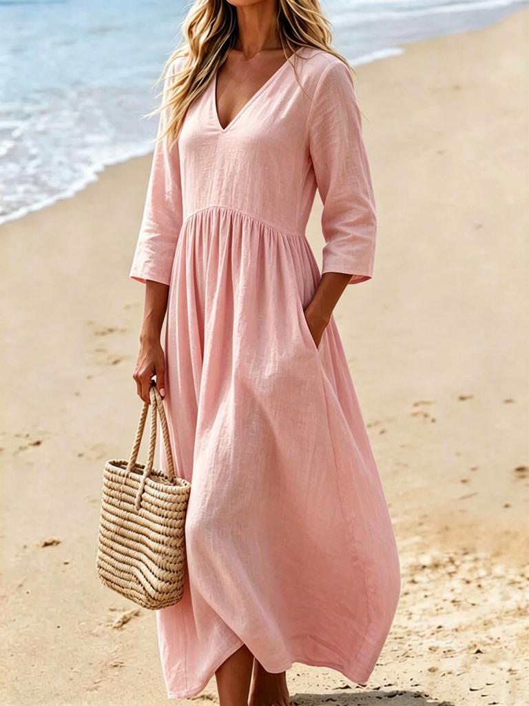 Damen V-Ausschnitt Midi Kleid Lässig Strandurlaub Einfarbig A-Linien Kleid mit Taschen