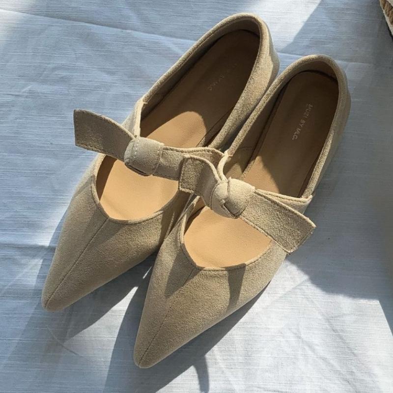 Satin Pointed Toe Mary Jane Bow Knitted Flats Shallow Comfortable Chunky Heel Women's Casual Shoes Elegant Design Ballet Shoes