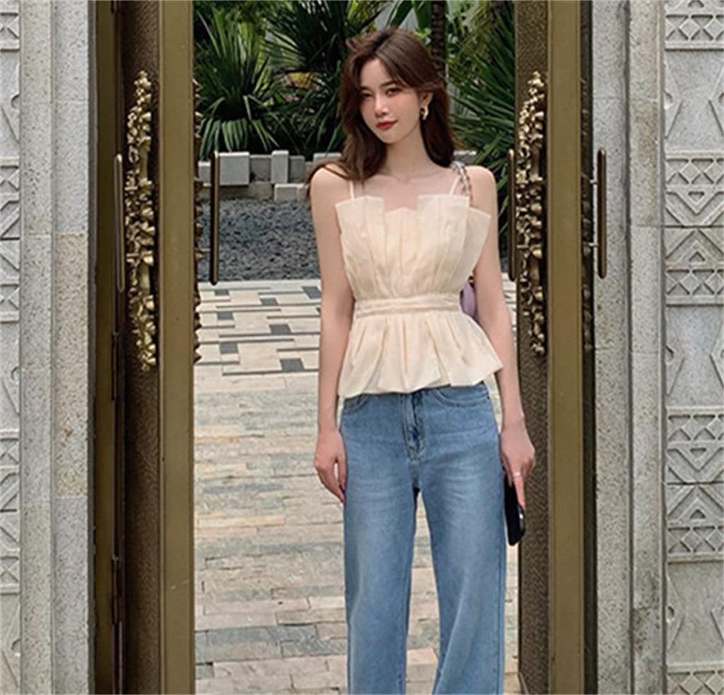YUANYUAN Ruffled Summer Tucked Mini Perfect for Summer Size Women's Camisole, Camisole, Top, Underwear, Top, High-Waisted, Slimming, Retro, Stylish,