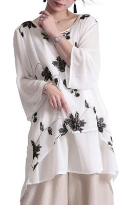 Gold Japan Plus Size Tunic Blouse with Floral Layered Sheer and Flared Size Jp213 Women's Embroidery, Chiffon, Sleeves, Design, 4L, White,