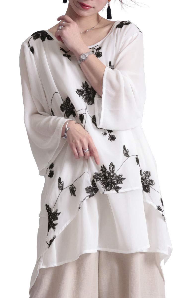 

Золотая туника большого размера из Японии с цветочным многослойным шифоном и расклешенным низом, размер jp213, женская вышивка, шифон, рукава, дизайн, 4L, белый, белый