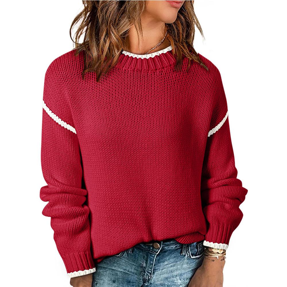 Casual Pullover Long Sleeved Loose Contrasting Solid Color Women's Sweaters