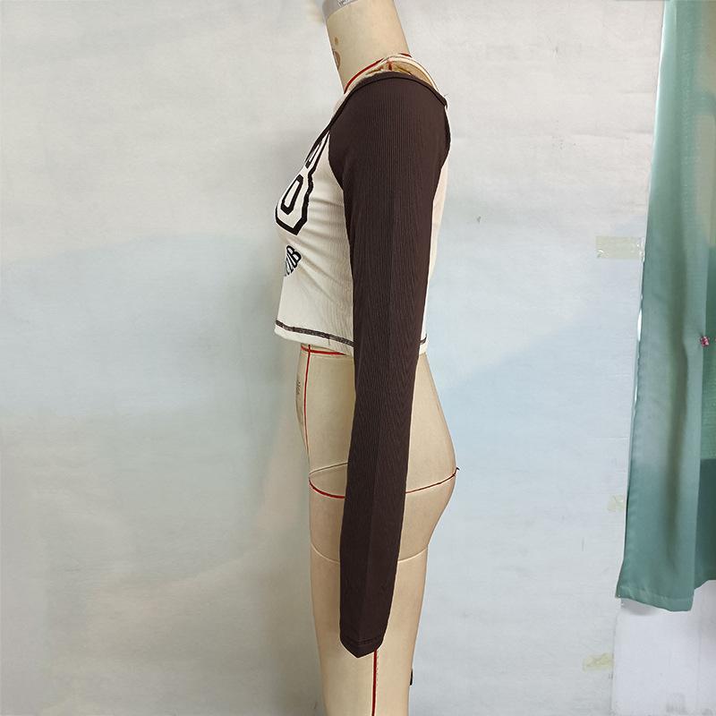 Frühlings- und Herbst-Damenbluse mit Rundhalsausschnitt, Buchstabenaufdruck, schulterfrei, lange Ärmel