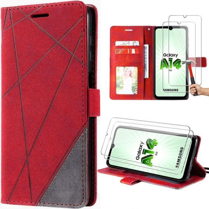 Coque semi-rigide en cuir PU rétro rouge pour Samsung Galaxy A14 4G-5G + 2 verres trempés