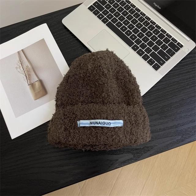 

Plush soft waxy model~ Autumn and winter plain knitted hat, children s lazy atmosphere, warm, ear protection, headgear, wool hat Adult average size