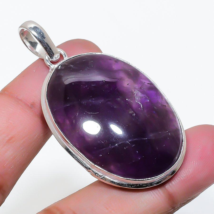 Natural Sage Amethyst Gemstone 925 Sterling Silver Jewelry Pendant 2.05" AP-16235