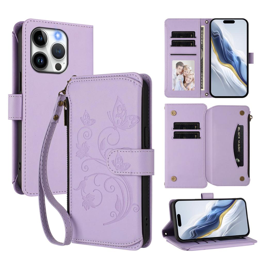 For iPhone 15 Pro Leather Case Butterfly Floral Imprint Zipper Wallet Stand Cover with Wrist Strap