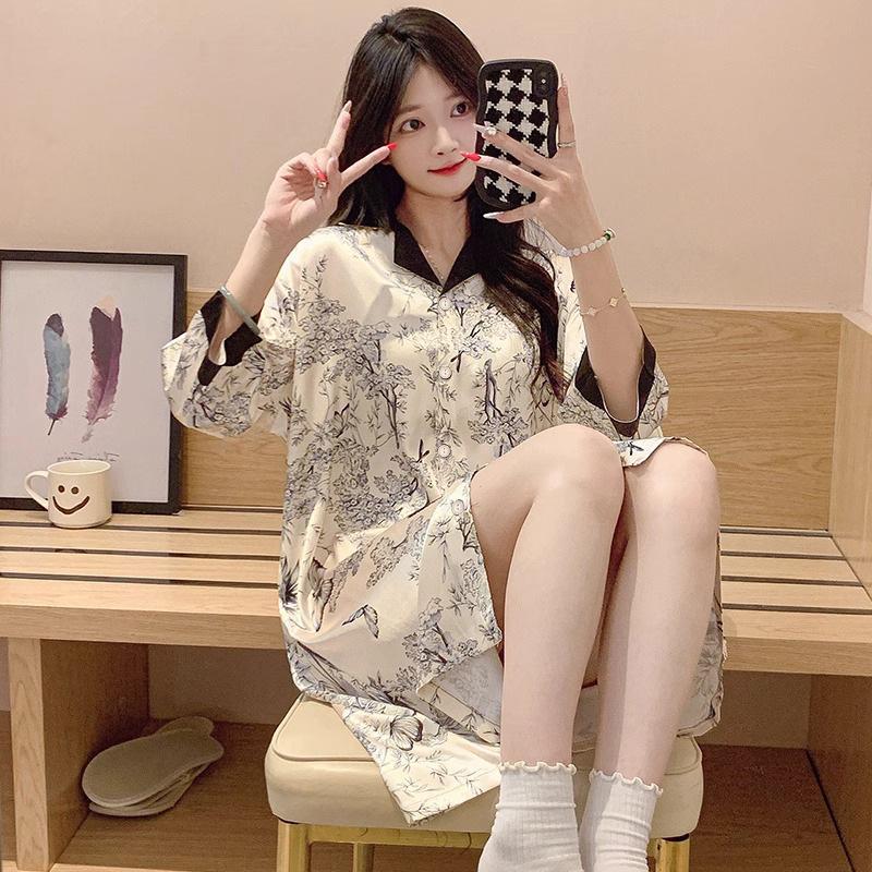 

Рубашка с рисунком тушью в национальном стиле, ночная сорочка, женская пижама из ледяного шелка, женская тонкая одежда для дома для весны и лета, можно носить на улице 2XL