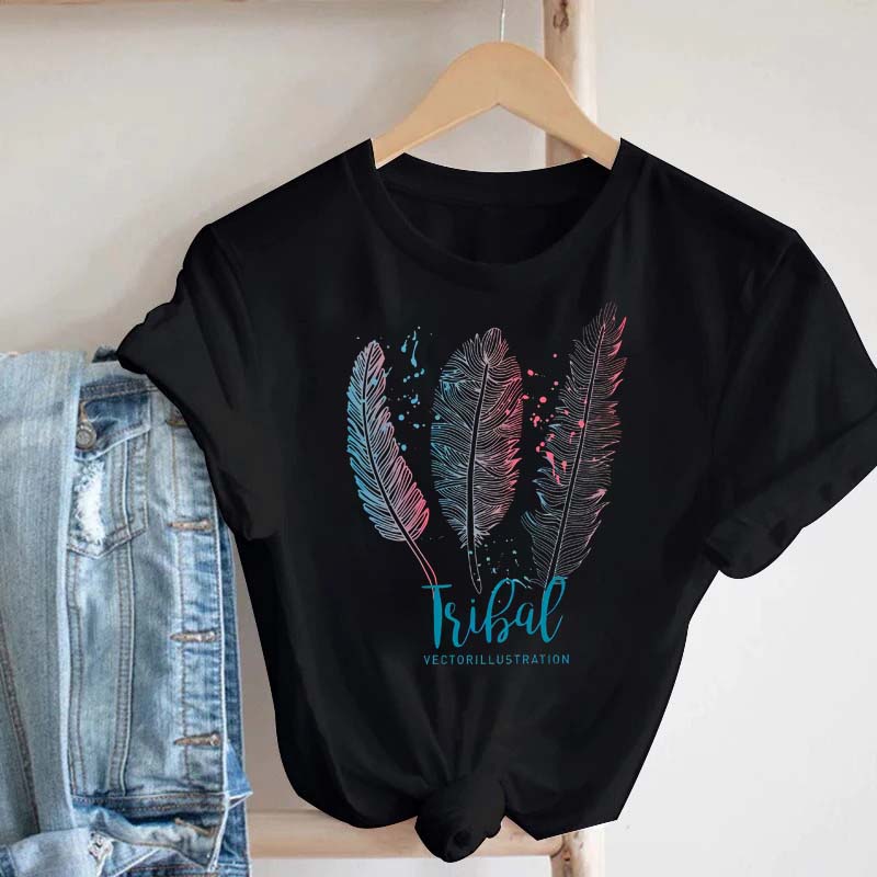 Women's T-shirt Watercolor Feather Graphic Printed T Shirt Women Short Sleeve Tshirt 90s Streetwear Female Clothes Tops