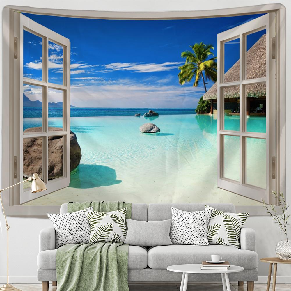 Fenster-Waldblick-Wandteppich, Wandbehang, Polyester-Decke, psychedelischer Hippie-Boho-Stil, Wohnzimmer-Dekoration