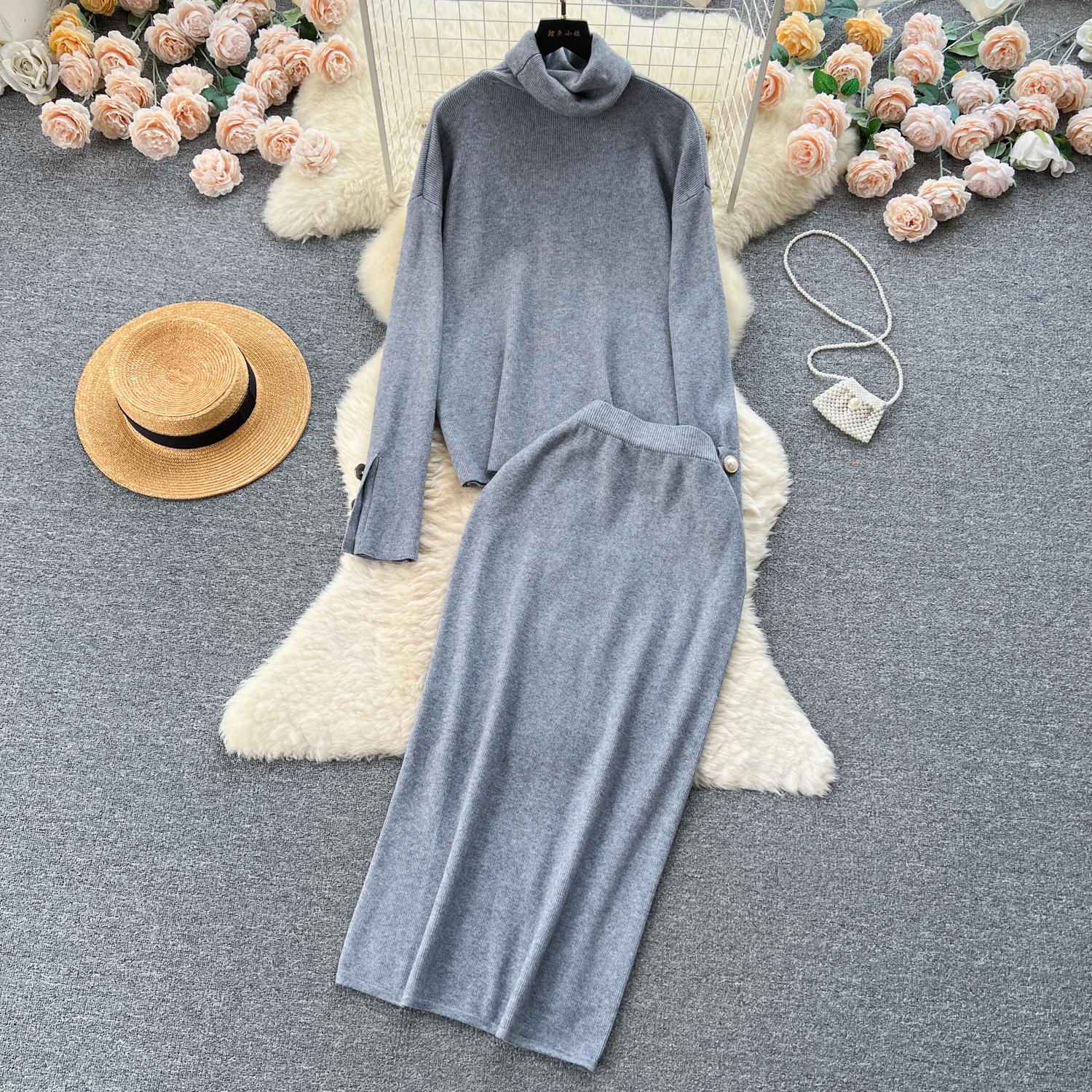 

Зимний отдых, стильный вязаный комплект из двух предметов, женский шикарный пуловер с высоким воротником, макси, облегающая юбка в рубчик, модная одежда, наряд One Size серый