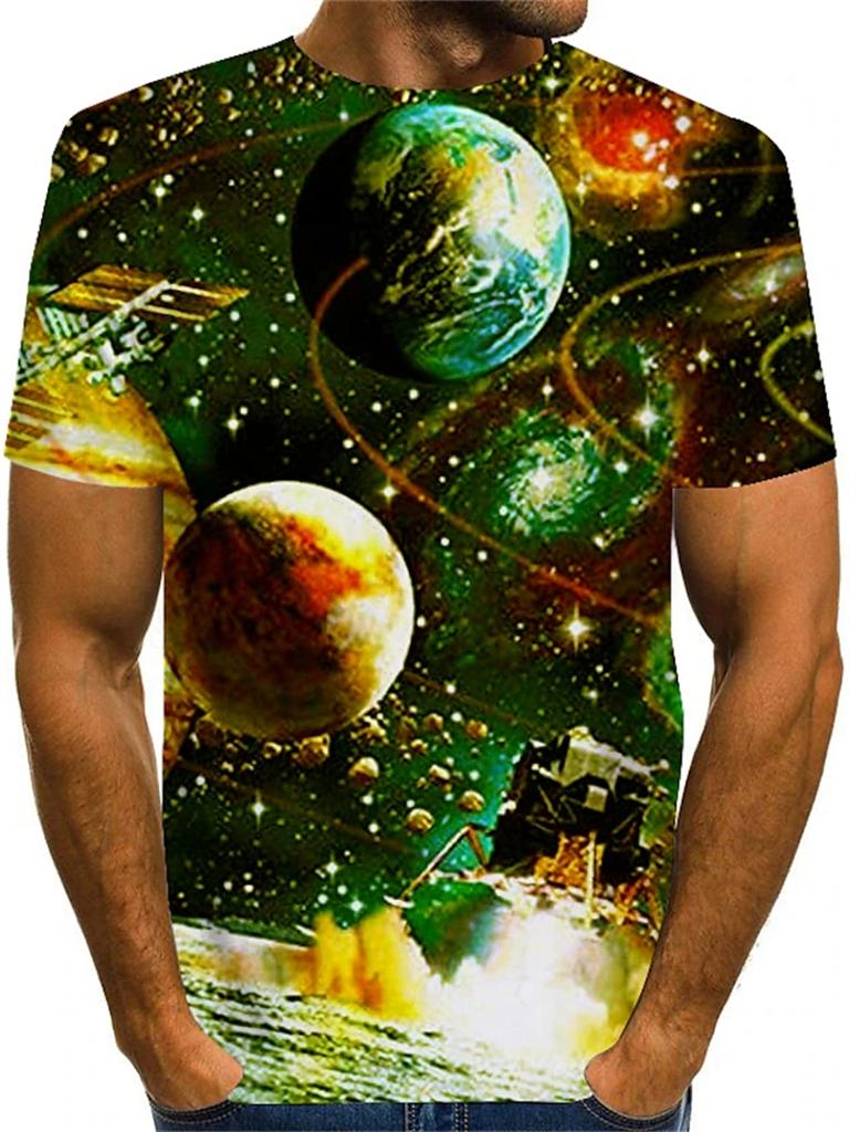 Summer Round Neck 3D Psychedelic Space & Art Print Top Fashionable Casual Short Sleeved Men's T-shirts