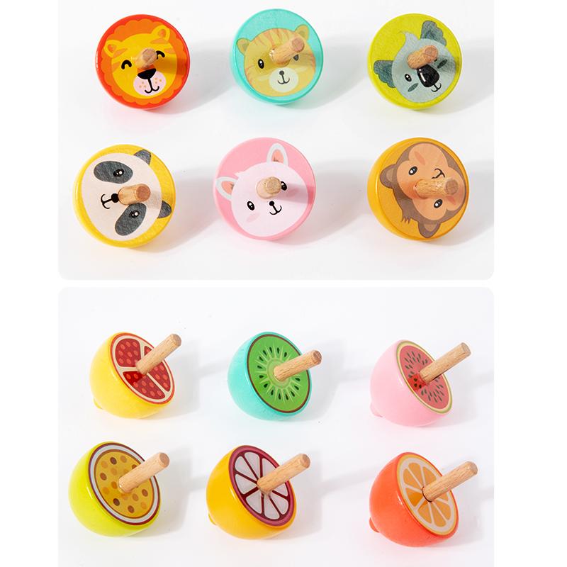 6pcs Wooden Spinning Top Toys Cartoon Childhood Wooden Gyro Fidget Toys Kids Montessori Colorful Spinning Gyro Birthday Gifts