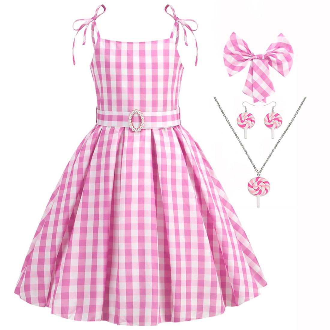 Zomerstrand Baby Meisje Roze Schattig Mouwloos Geruit Slank Bandje Jurk Voor Meisje Cowboy Look Streep Jurk Set Met Riem 2T(TAG 100) pink