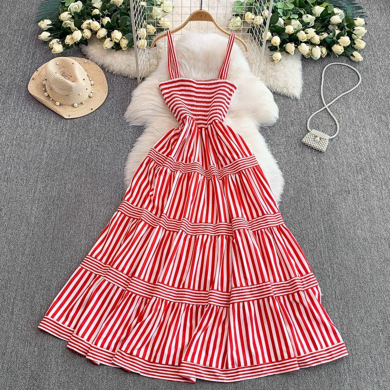 

Korean Series Gentle Pink Stripe Sling Dress Women Summer Retro Design Elastic Waist Hugging Slimming Big Hemline Long dress Red One size