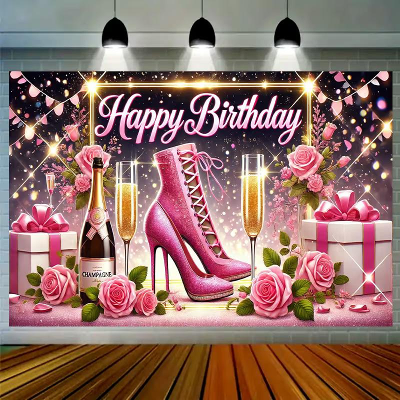 2D Pink Heel Birthday Photo Backdrop Women Party Decor Cloth