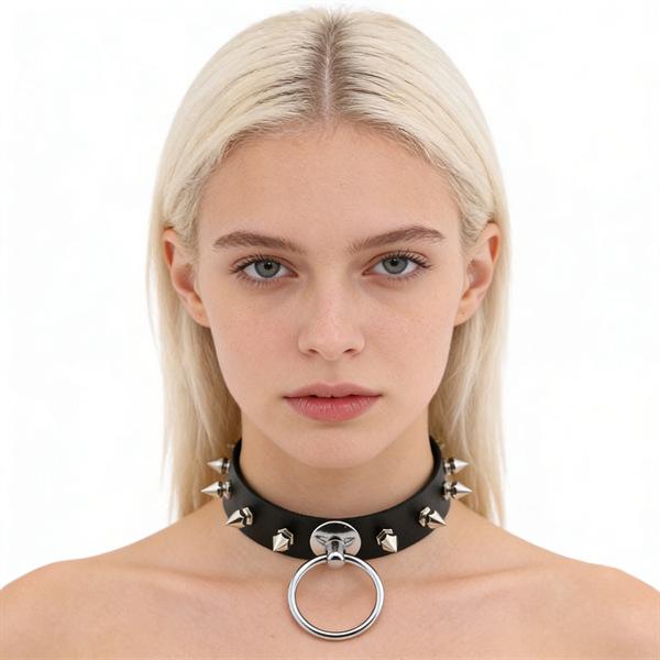 Unisex European Punk Black Leather Choker with Metal Chain and Lock Pendant.