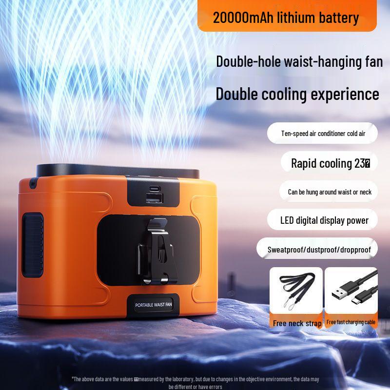 Portable Double Capacity Waist Fan for Outdoor and Camping - High Wind Power USB Rechargeable