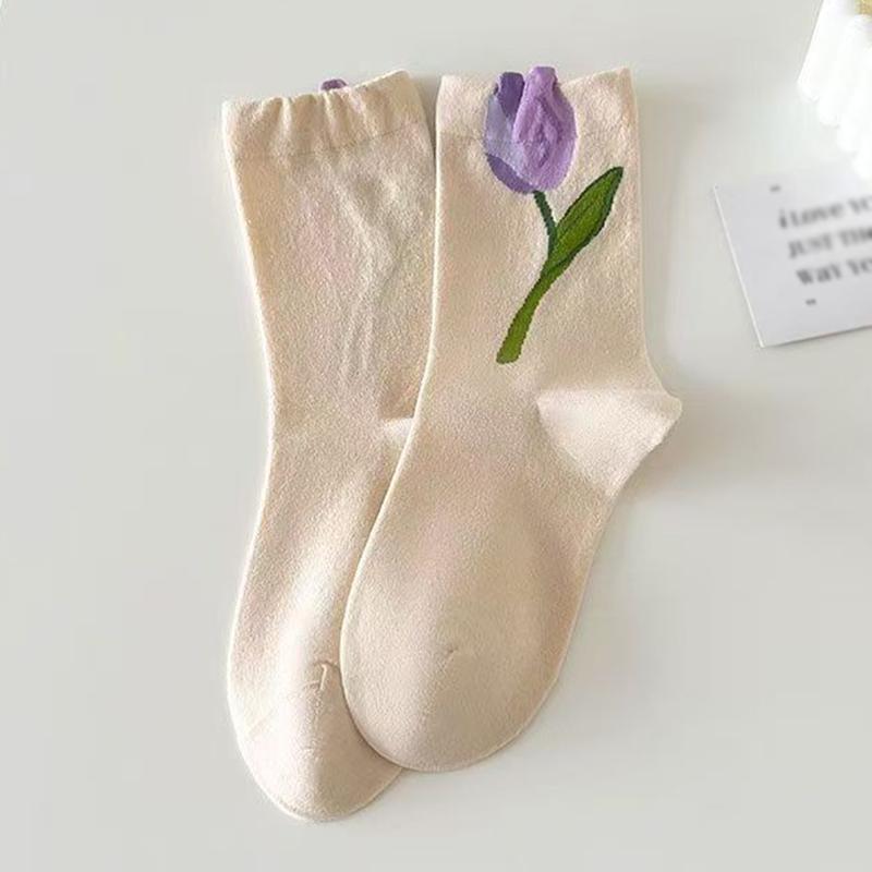 1/5 par Strumpor Mångsidiga Mellankorta Strumpor Bekväma Blommig Design Söt 3D-mönster Söt Tulpanform Andningsbar En Storlek