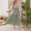 Autumn European and American Floral Printing Daily Outdoor Crew Neck Long Sleeve Temperament Elegant Dress